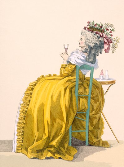 Dame allongée sur une chaise buvant du champagne, gravée par Dupin, planche n°193 de 